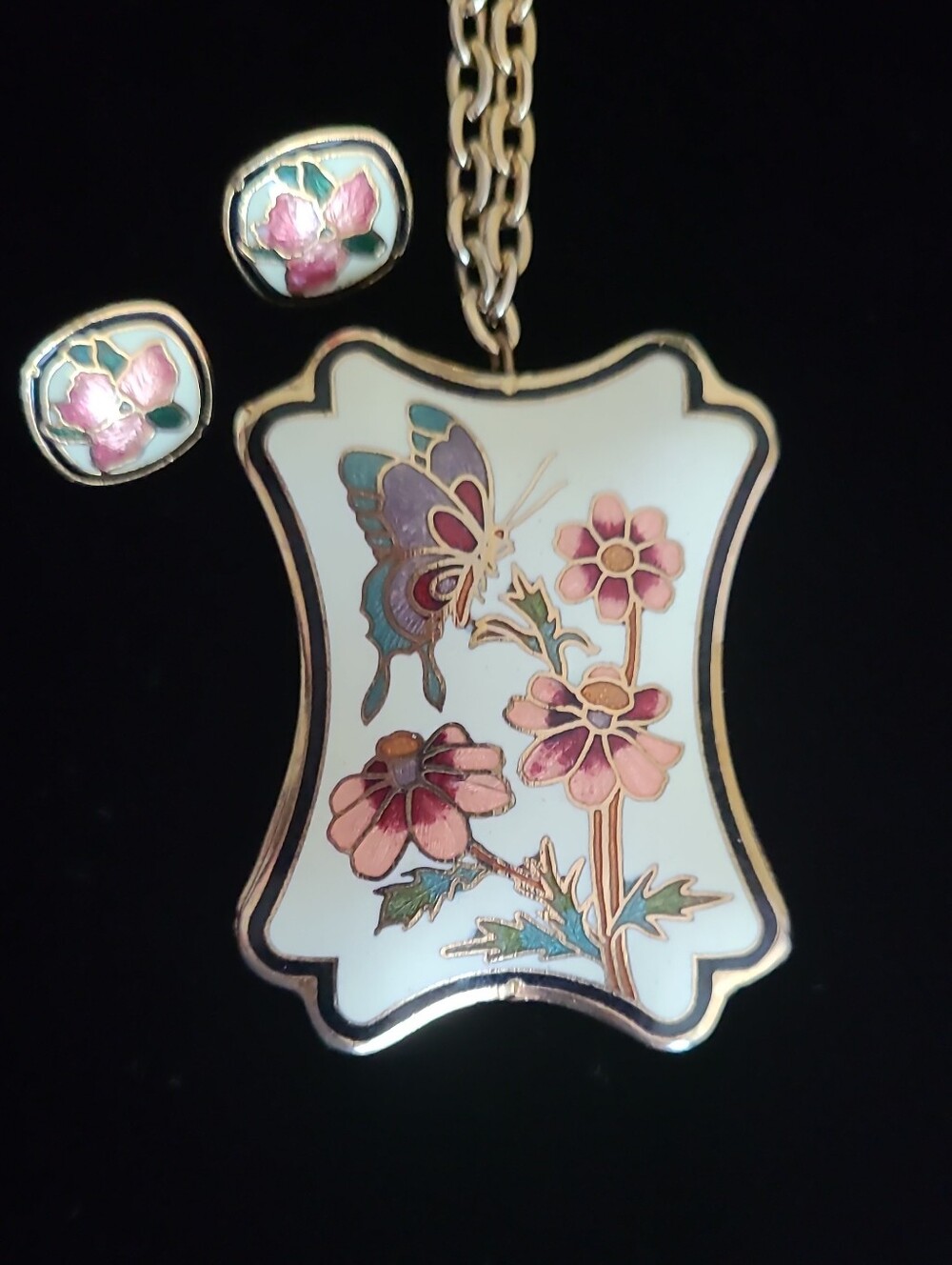 Vintage Avon 1987 Cloisonne Butterfly Floral Pendant and Earrings Set